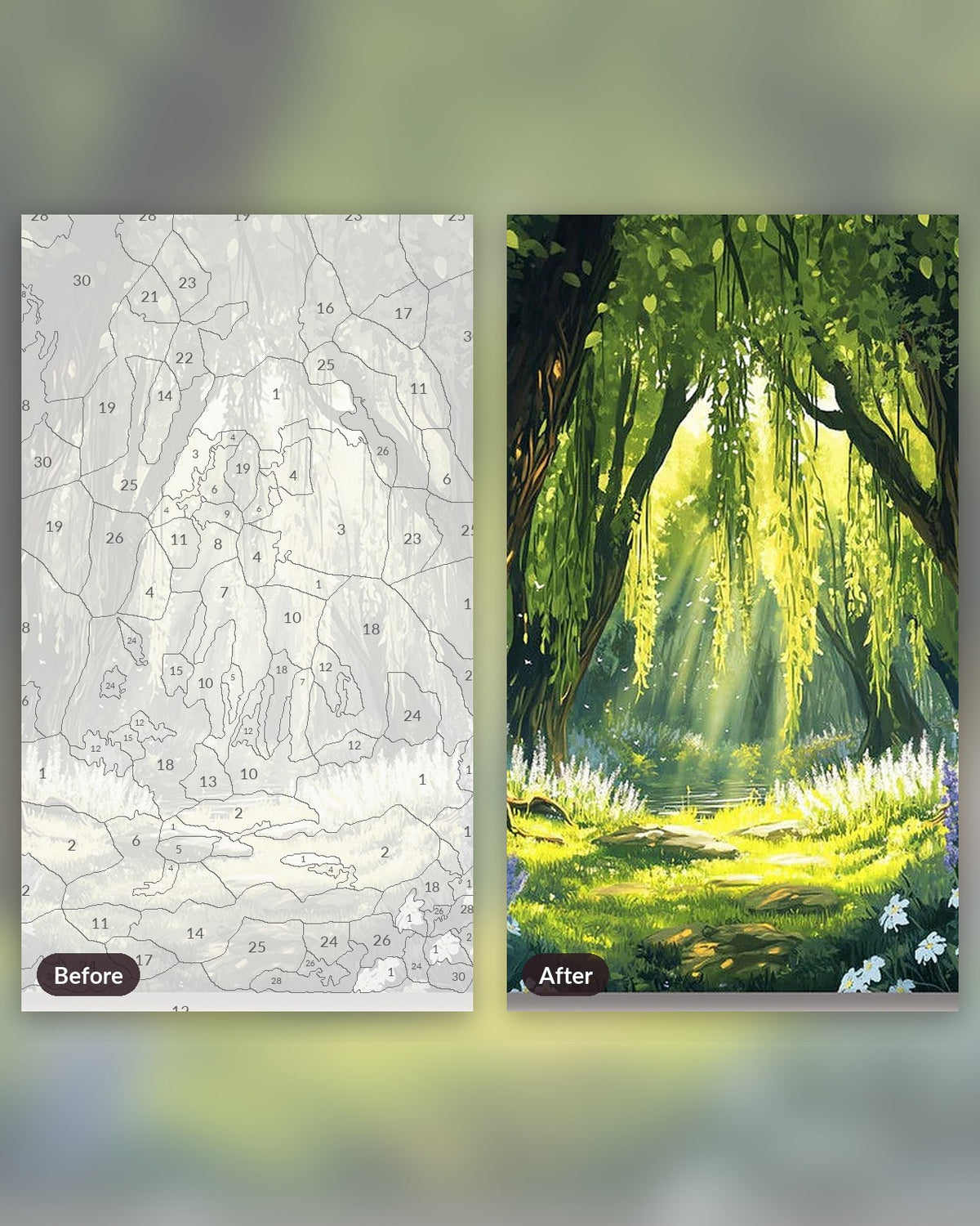 Heavenly Woods paint by numbers kit, before and after