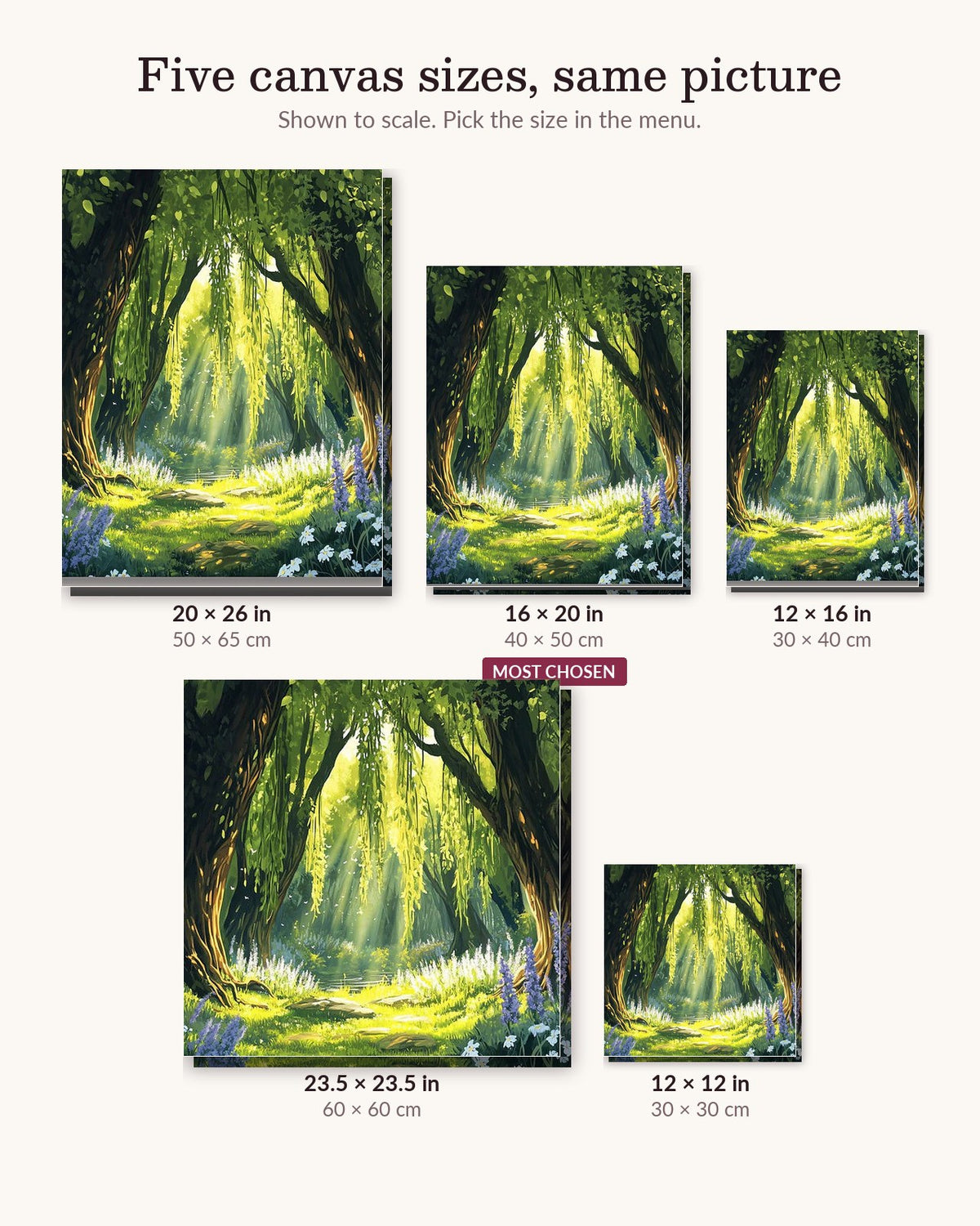 Heavenly Woods canvas sizes from 12 x 12 to 23.5 x 23.5 inches