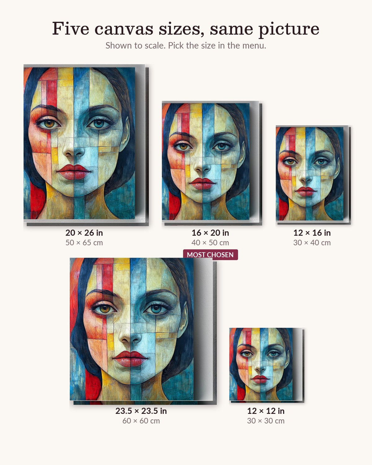 Her Spirit Unveiled canvas sizes from 12 x 12 to 23.5 x 23.5 inches