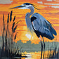 great blue heron standing in shallow water with dark reeds and an orange sunrise sky, paint by numbers kit