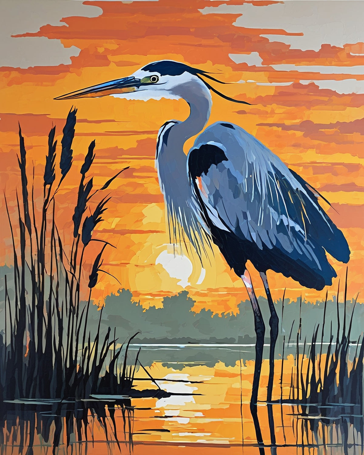 great blue heron standing in shallow water with dark reeds and an orange sunrise sky, paint by numbers kit