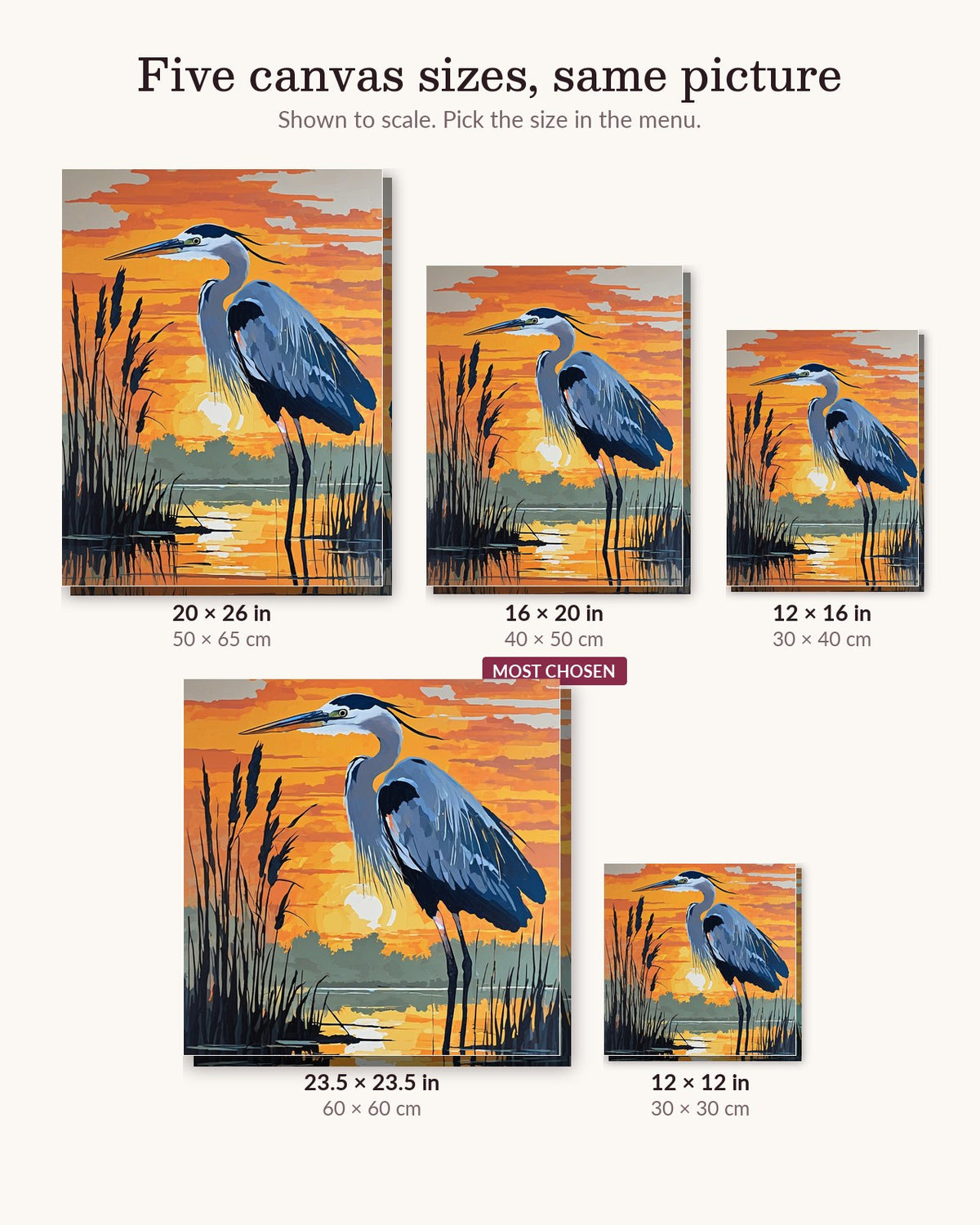 Heron at Sunrise canvas sizes from 12 x 12 to 23.5 x 23.5 inches