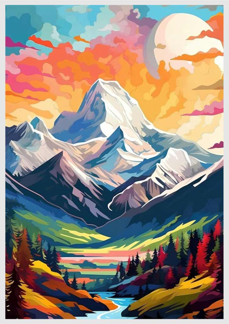Highland Panorama Painting By Numbers Kit featuring vibrant mountains and colorful trees