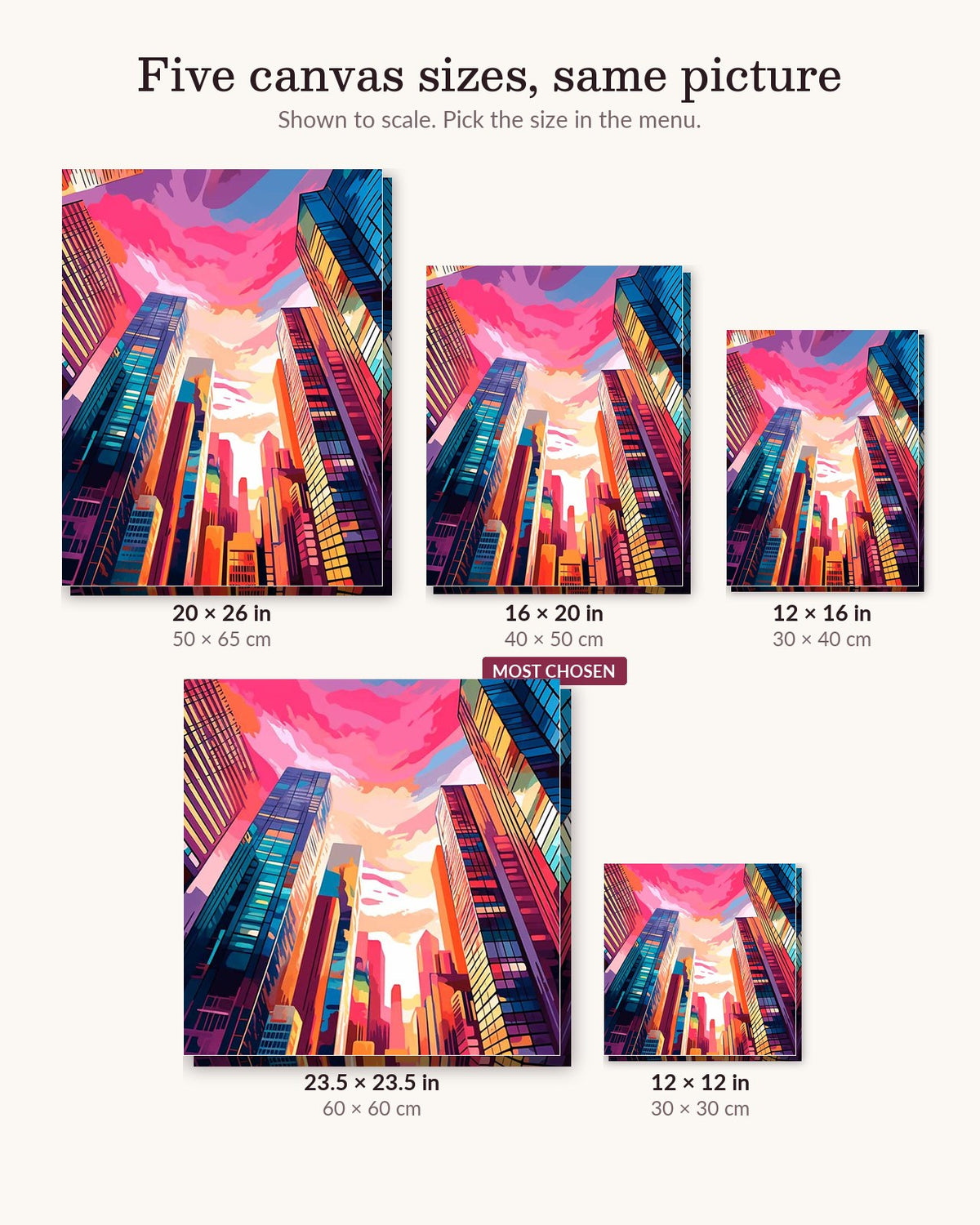 High-Rise Society canvas sizes from 12 x 12 to 23.5 x 23.5 inches