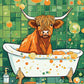Highland Cow in the Bathtub paint by numbers kit, a shaggy highland cow relaxing in a clawfoot bathtub full of bubbles