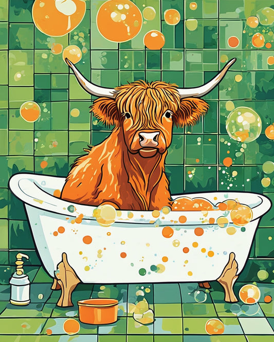 Highland Cow in the Bathtub paint by numbers kit, a shaggy highland cow relaxing in a clawfoot bathtub full of bubbles