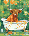 Highland Cow in the Bathtub paint by numbers kit, a shaggy highland cow relaxing in a clawfoot bathtub full of bubbles