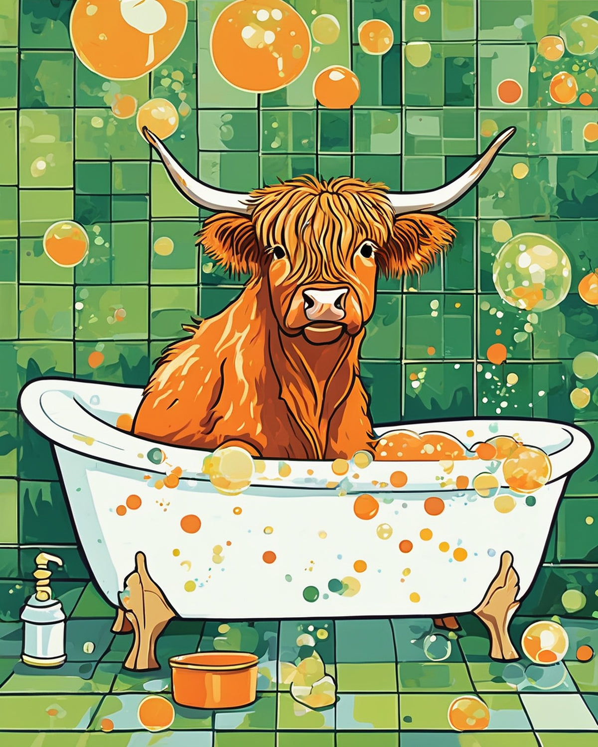 Highland Cow in the Bathtub paint by numbers kit, a shaggy highland cow relaxing in a clawfoot bathtub full of bubbles