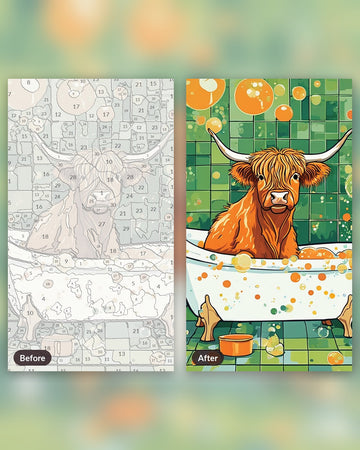 Highland Cow in the Bathtub paint by numbers kit, before and after