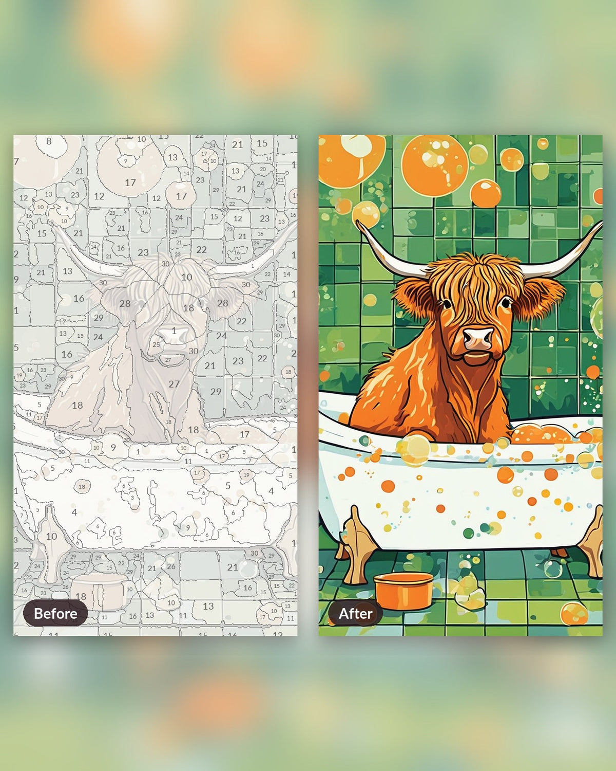 Highland Cow in the Bathtub paint by numbers kit, before and after