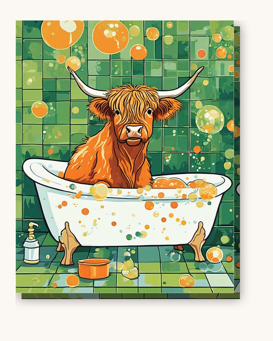 Highland Cow in the Bathtub paint by numbers kit on stretched canvas