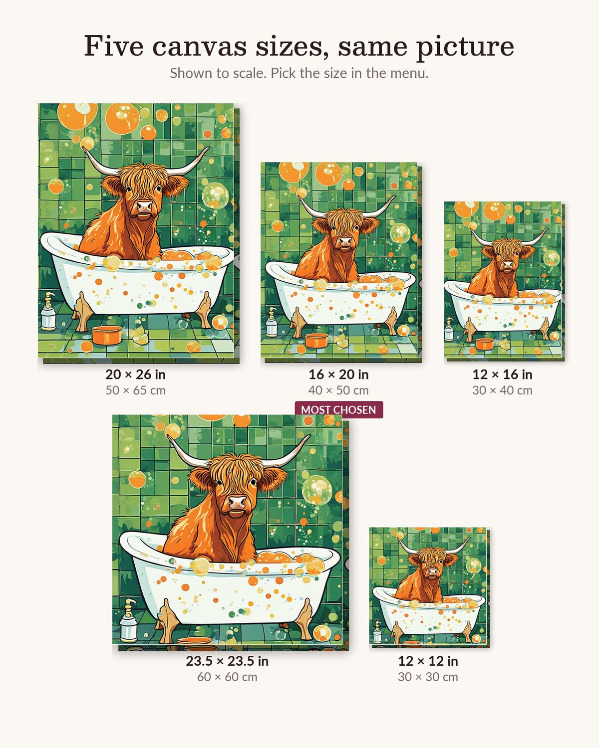 Highland Cow in the Bathtub canvas sizes from 12 x 12 to 23.5 x 23.5 inches