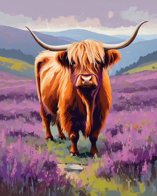 Highland Cow in the Heather paint by numbers kit, ginger highland cow standing in purple heather