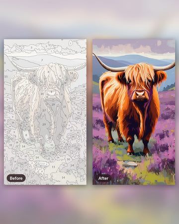 Highland Cow in the Heather paint by numbers kit, before and after