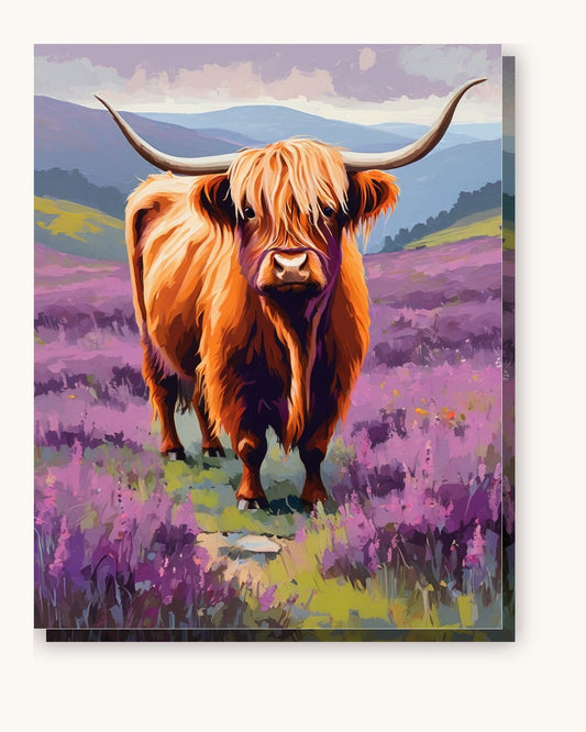 Highland Cow in the Heather paint by numbers kit on stretched canvas