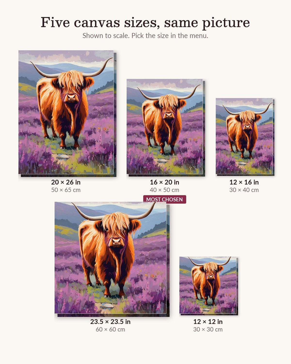 Highland Cow in the Heather canvas sizes from 12 x 12 to 23.5 x 23.5 inches