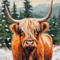 Highland Cow in the Winter Pines paint by numbers kit, orange highland cow with long horns in the snow among pines