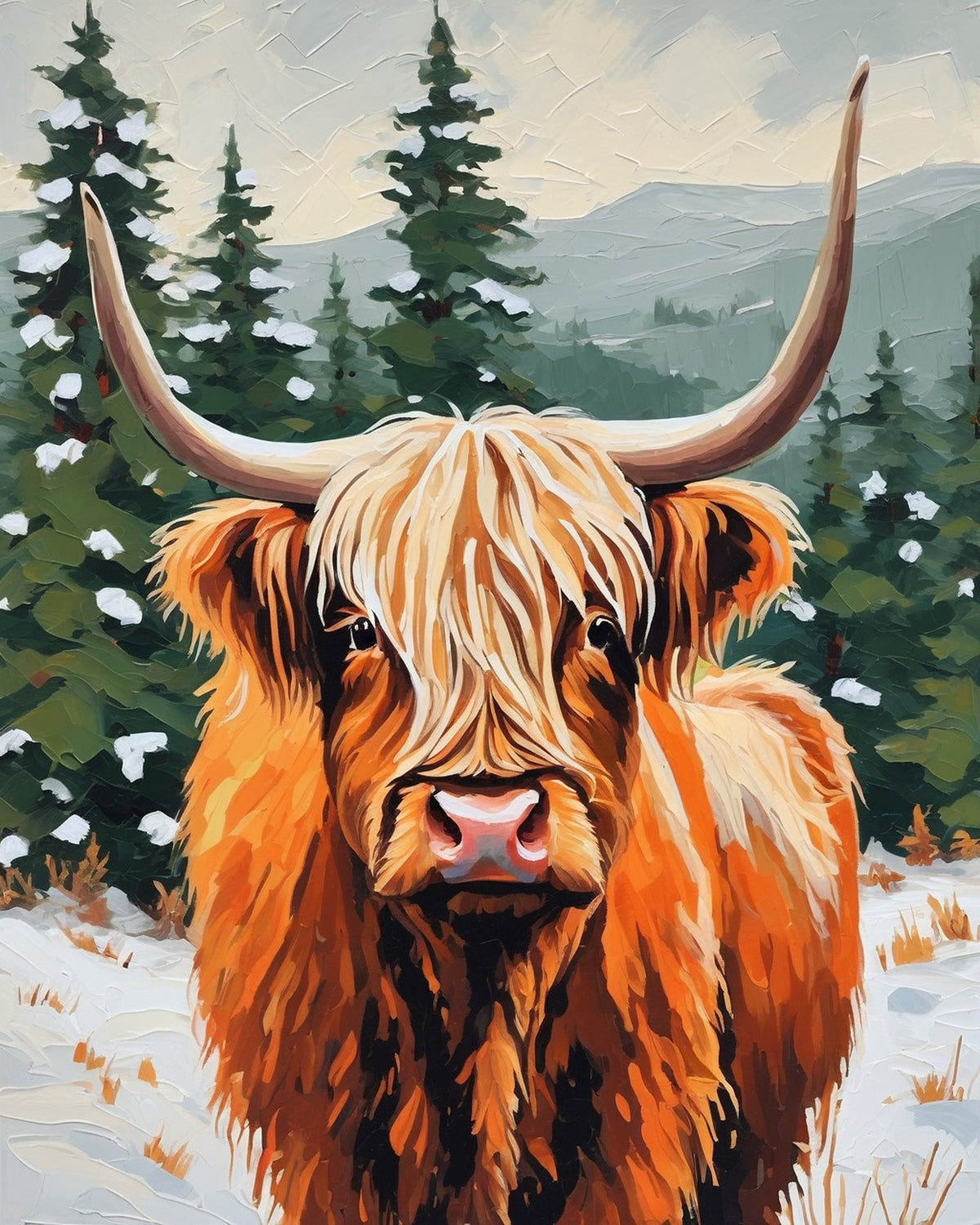 Highland Cow in the Winter Pines paint by numbers kit, orange highland cow with long horns in the snow among pines