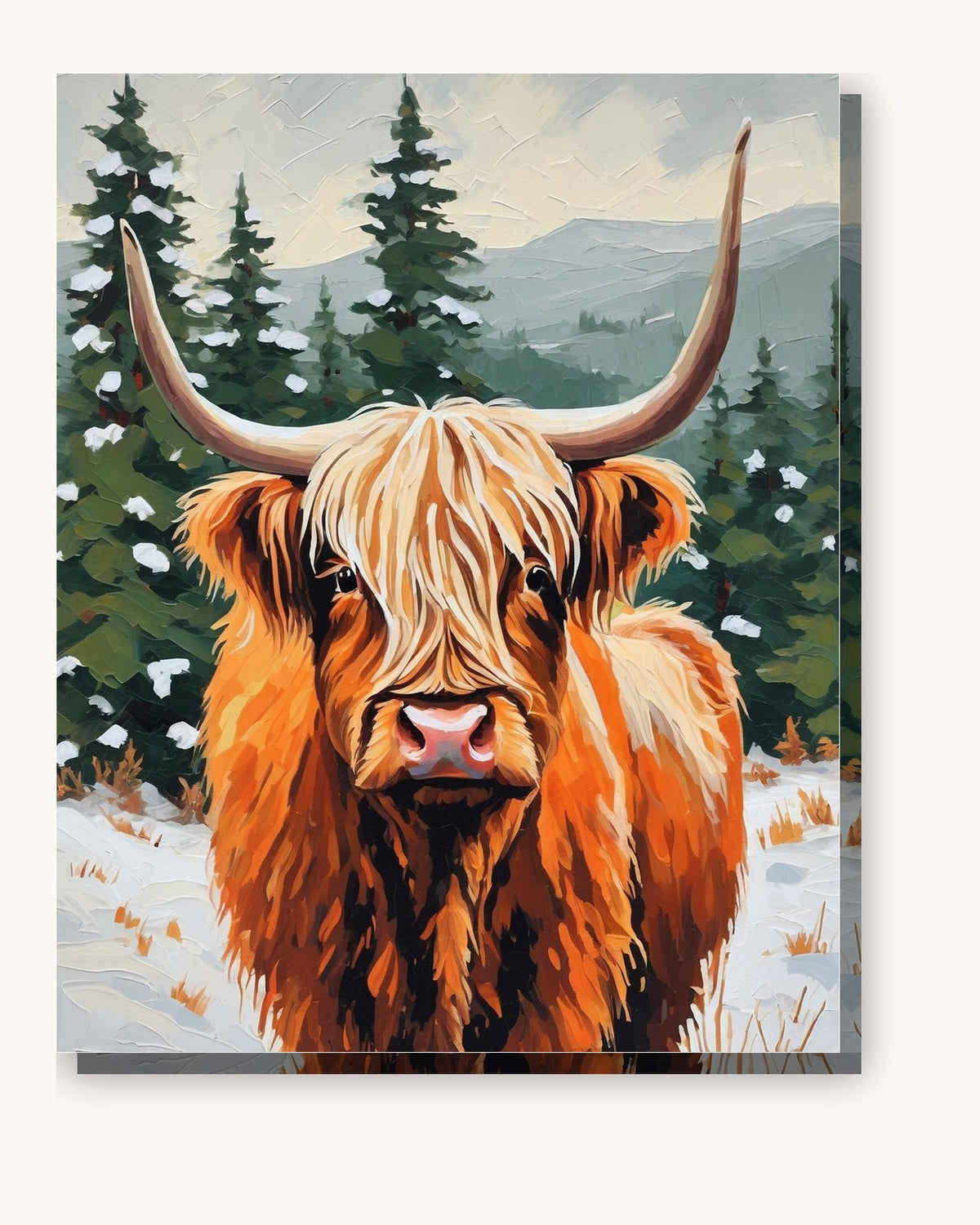 Highland Cow in the Winter Pines paint by numbers kit on stretched canvas
