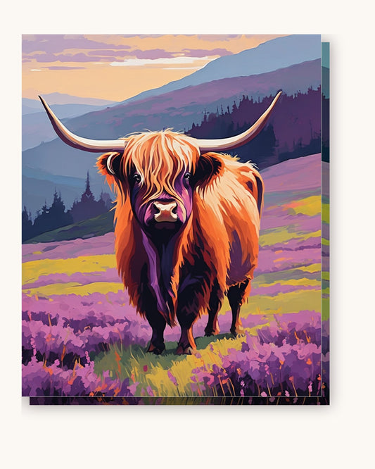 Highland Cow on the Misty Hillside paint by numbers kit on stretched canvas