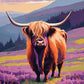ginger highland cow with long horns in purple heather on a misty hillside paint by numbers kit