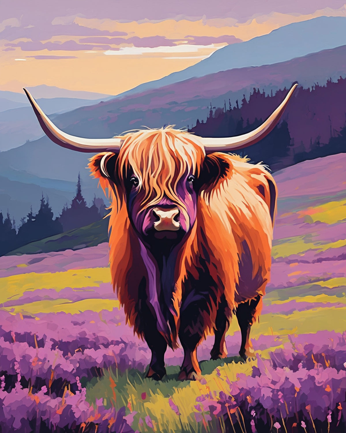 ginger highland cow with long horns in purple heather on a misty hillside paint by numbers kit
