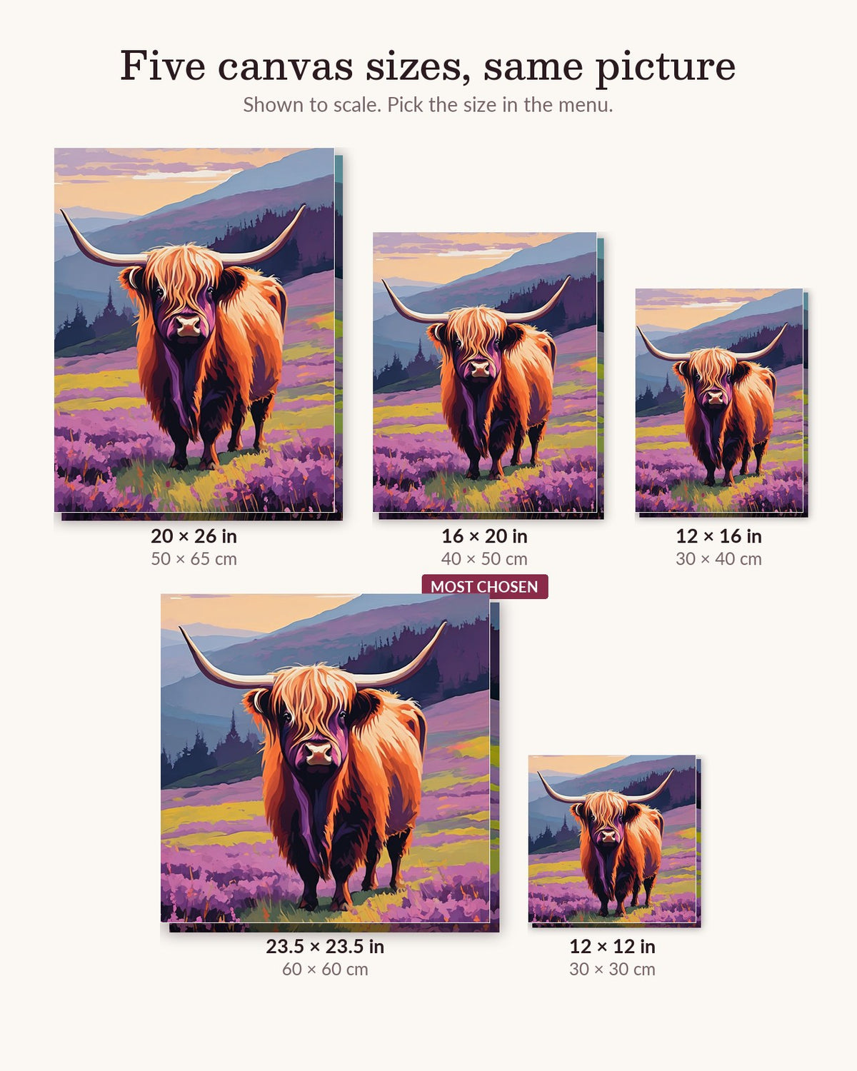Highland Cow on the Misty Hillside canvas sizes from 12 x 12 to 23.5 x 23.5 inches