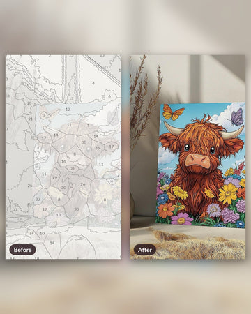 Highland Whimsy paint by numbers kit, before and after