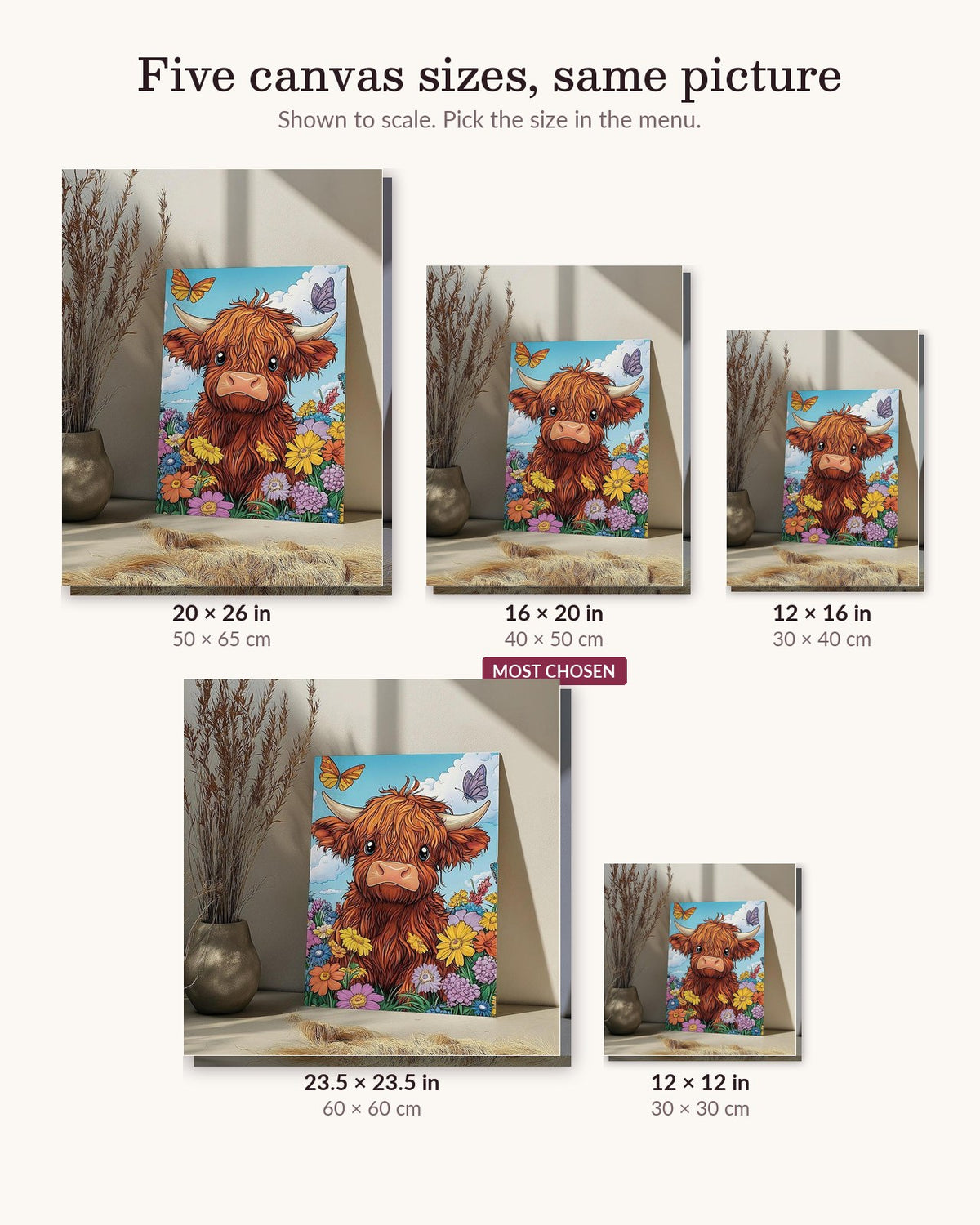 Highland Whimsy canvas sizes from 12 x 12 to 23.5 x 23.5 inches