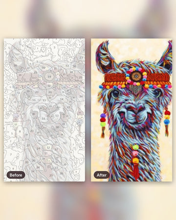 Hippie Llama paint by numbers kit, before and after