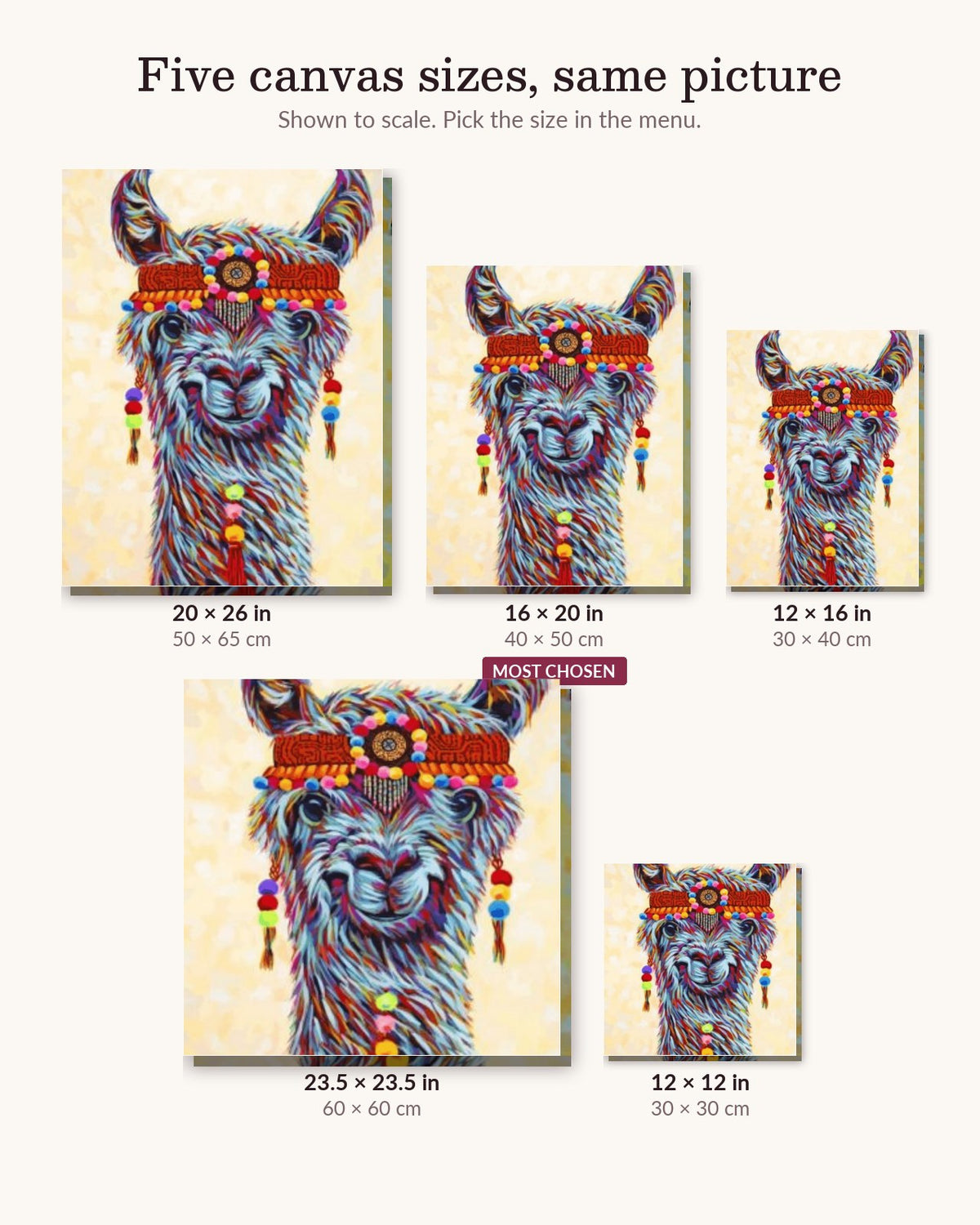 Hippie Llama canvas sizes from 12 x 12 to 23.5 x 23.5 inches
