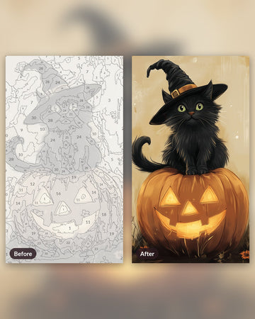 Hocus Pocus Kitty paint by numbers kit, before and after