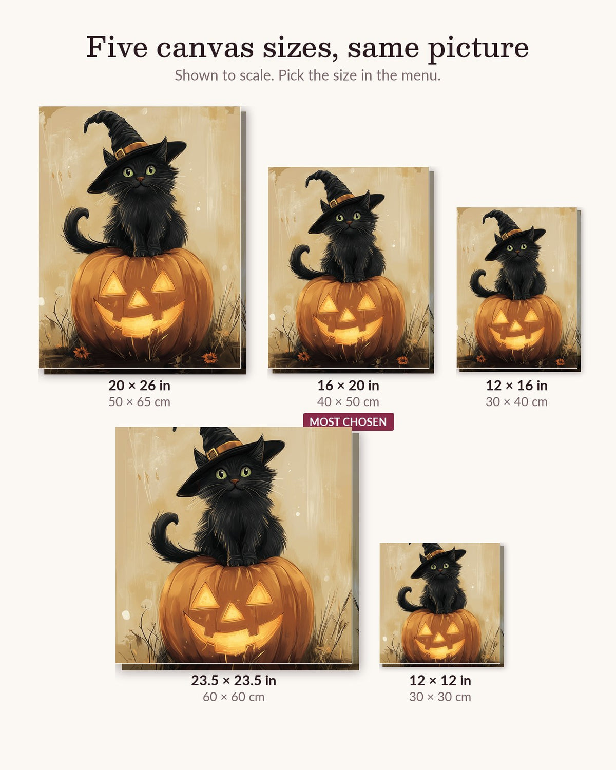 Hocus Pocus Kitty canvas sizes from 12 x 12 to 23.5 x 23.5 inches