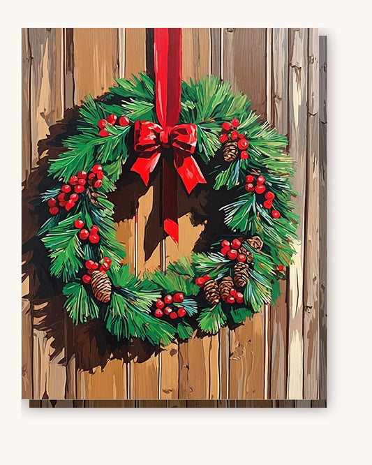 Holly and Pine Cone Wreath on Wood paint by numbers kit on stretched canvas