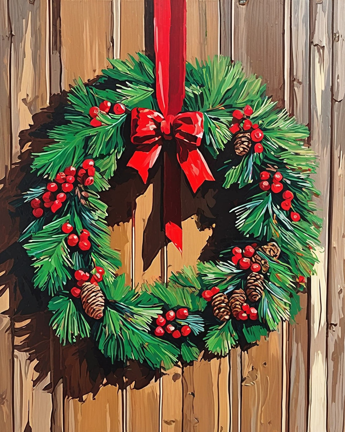 green christmas wreath with red berries, pine cones and a red ribbon on a wooden door, paint by numbers kit