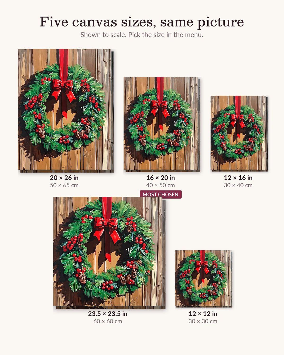 Holly and Pine Cone Wreath on Wood canvas sizes from 12 x 12 to 23.5 x 23.5 inches