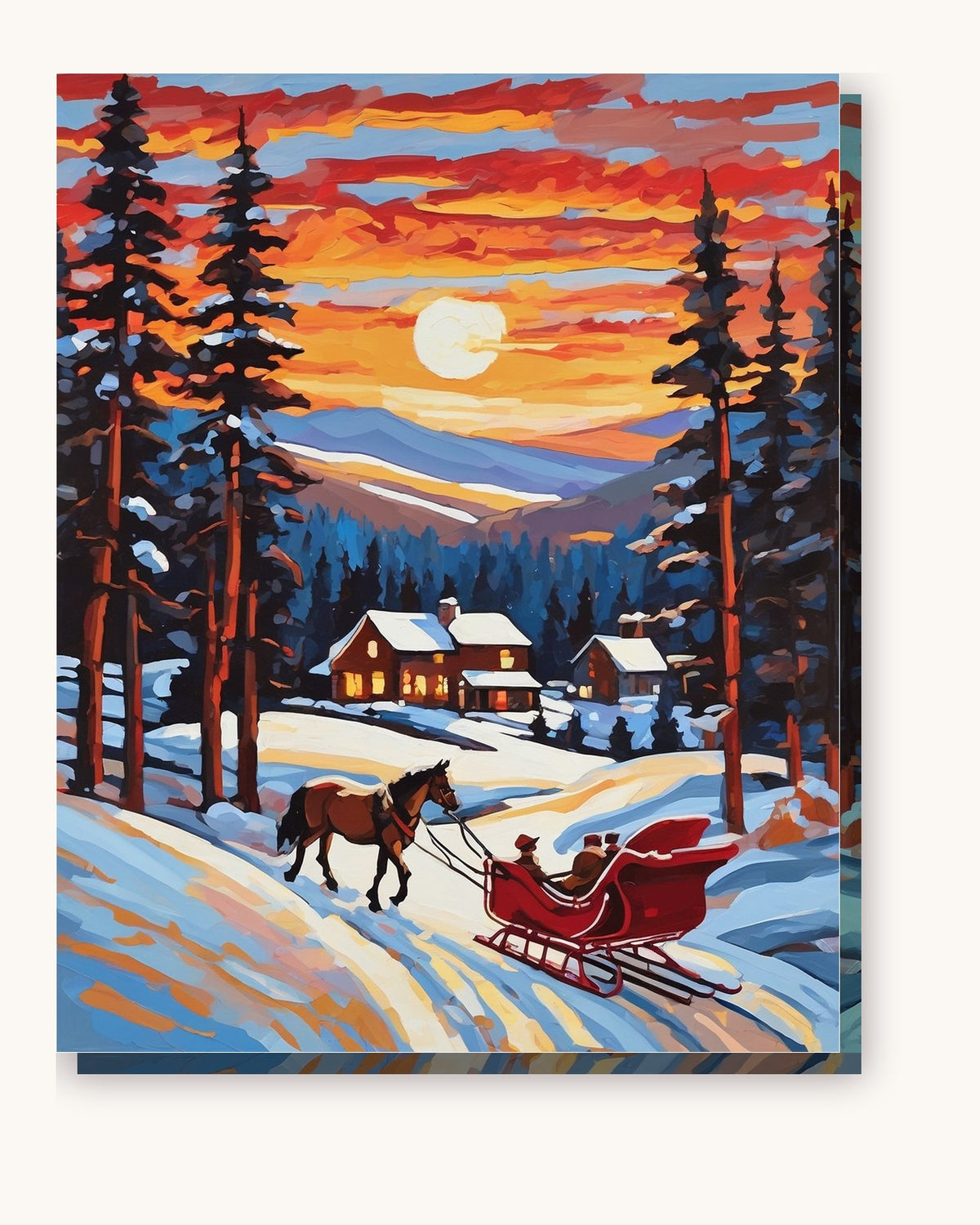 Horse Drawn Sleigh at Sunset paint by numbers kit on stretched canvas