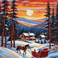 brown horse pulling a red sleigh past pines and a lit farmhouse at sunset, paint by numbers kit