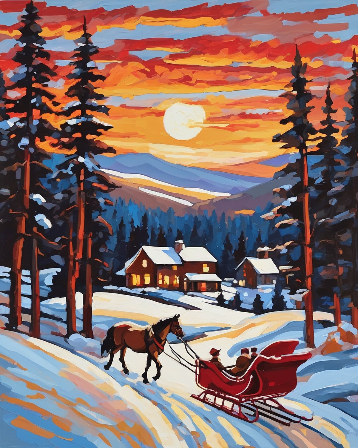 brown horse pulling a red sleigh past pines and a lit farmhouse at sunset, paint by numbers kit