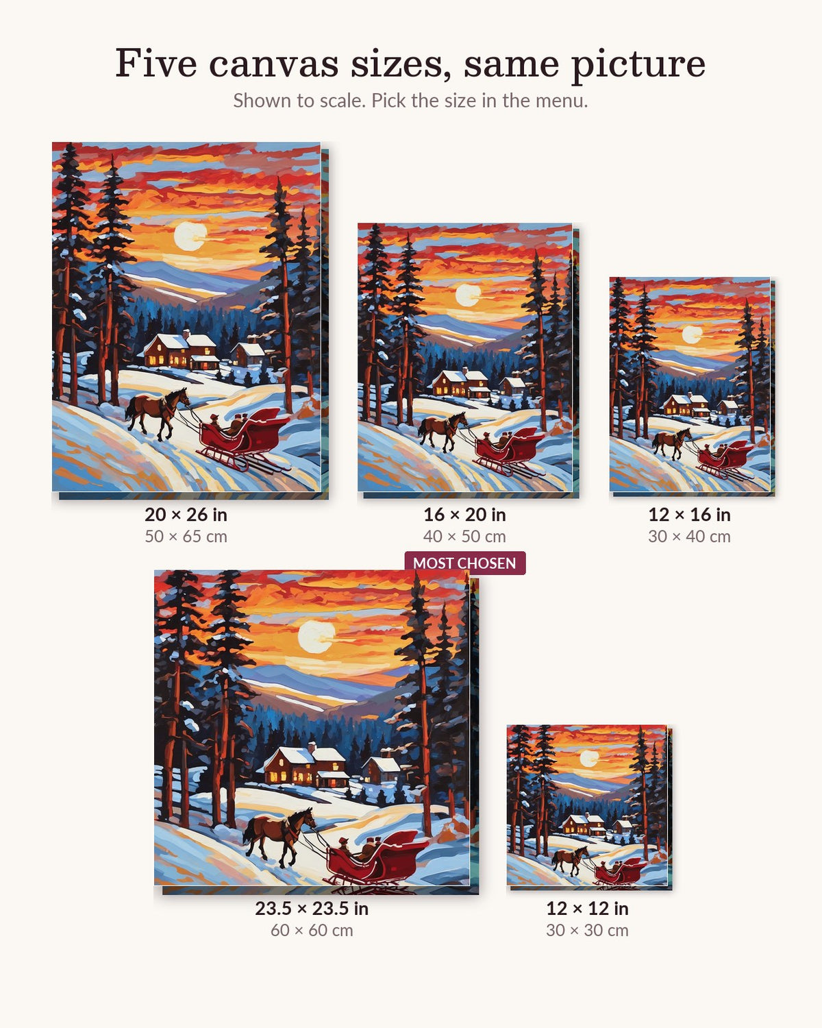 Horse Drawn Sleigh at Sunset canvas sizes from 12 x 12 to 23.5 x 23.5 inches