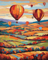 Hot Air Balloons over the Autumn Valley paint by numbers kit, colorful balloons above patchwork fields