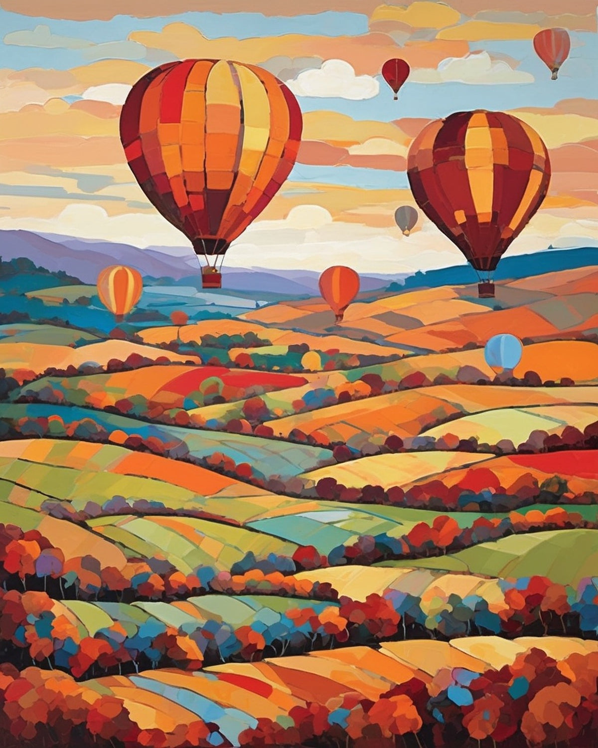 Hot Air Balloons over the Autumn Valley paint by numbers kit, colorful balloons above patchwork fields