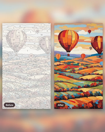 Hot Air Balloons over the Autumn Valley paint by numbers kit, before and after