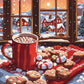 Hot Cocoa by the Snowy Window paint by numbers kit, mug of cocoa with marshmallows, gingerbread cookies and candy canes