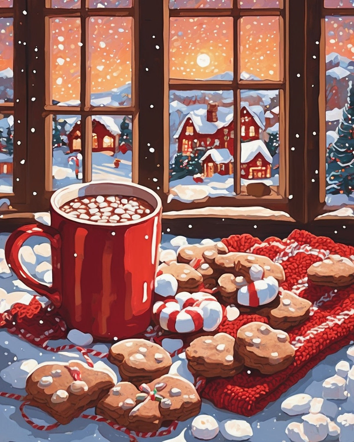 Hot Cocoa by the Snowy Window paint by numbers kit, mug of cocoa with marshmallows, gingerbread cookies and candy canes