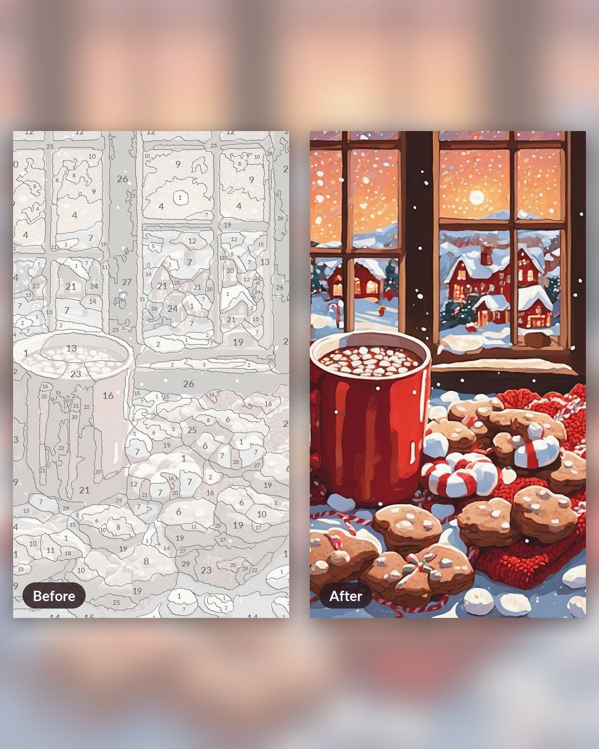 Hot Cocoa by the Snowy Window paint by numbers kit, before and after