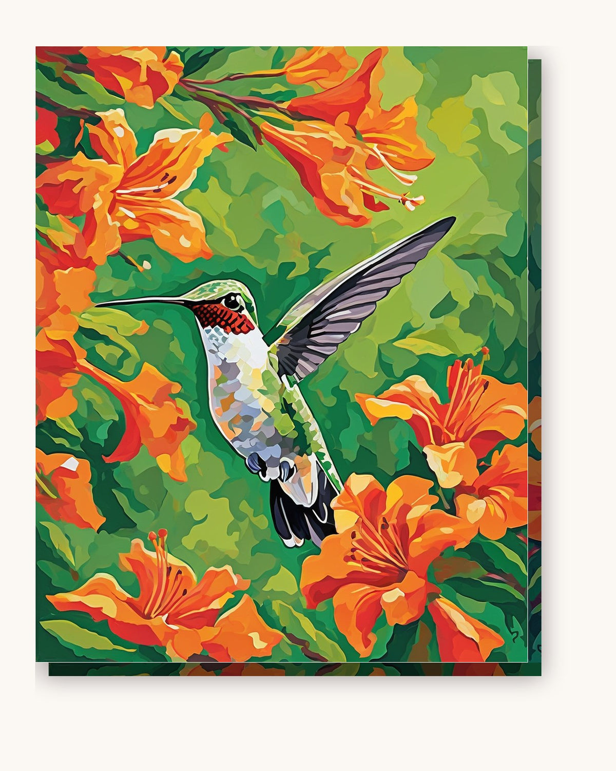 Hummingbird and Orange Trumpet Flowers paint by numbers kit on stretched canvas