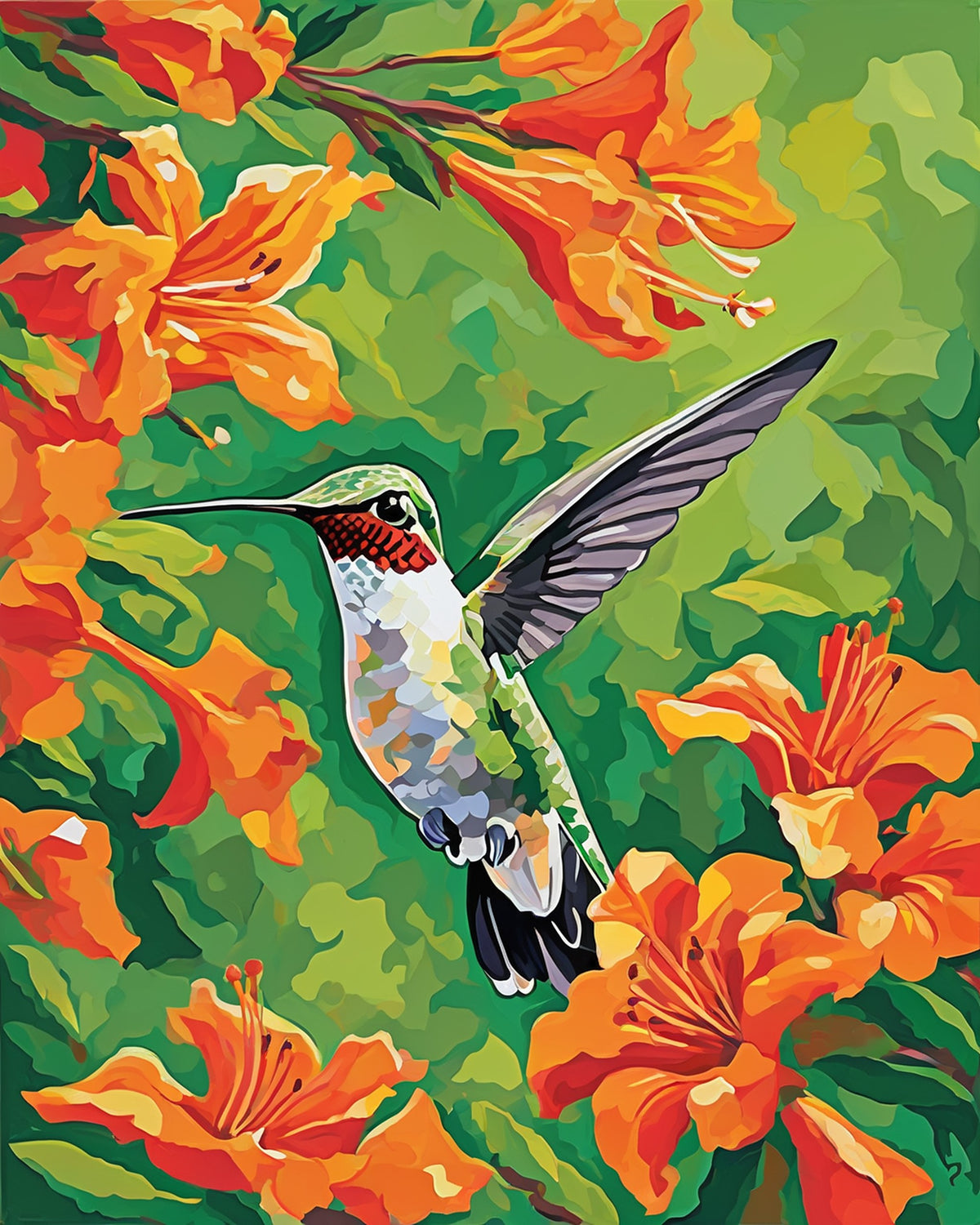 ruby throated hummingbird hovering by orange trumpet flowers paint by numbers kit