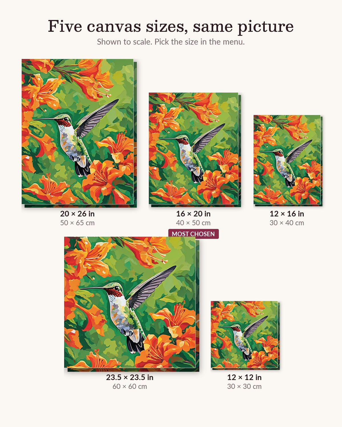 Hummingbird and Orange Trumpet Flowers canvas sizes from 12 x 12 to 23.5 x 23.5 inches