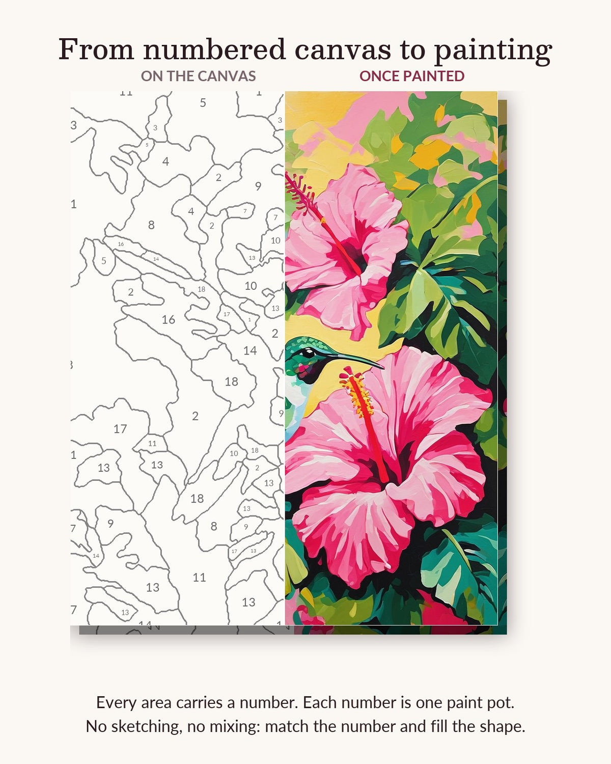 Hummingbird and Pink Hibiscus numbered canvas next to the finished painting
